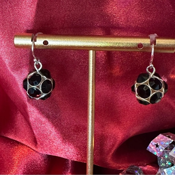 Vintage Black Rhinestone Sphere Dangle Earrings | Sterling Silver Hooks - Picture 5 of 10
